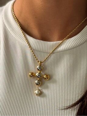 Gold and Silver Cross Pendant Necklace with Pearl Accent